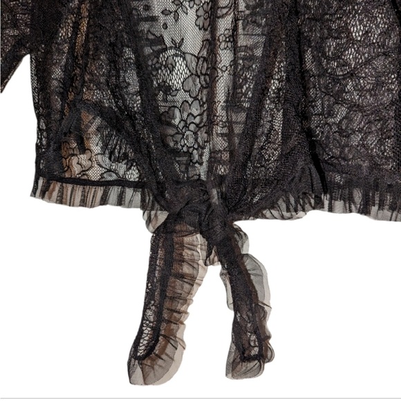 Betsey Johnson Black Lace Bell Sleeve Tulle Front Tie Waist Crop Blouse - Picture 6 of 16